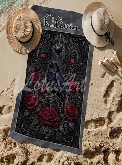 Personalized raven roses gothic beach towel, custom name gift for her, black & dark red romance art print lifestyle sand