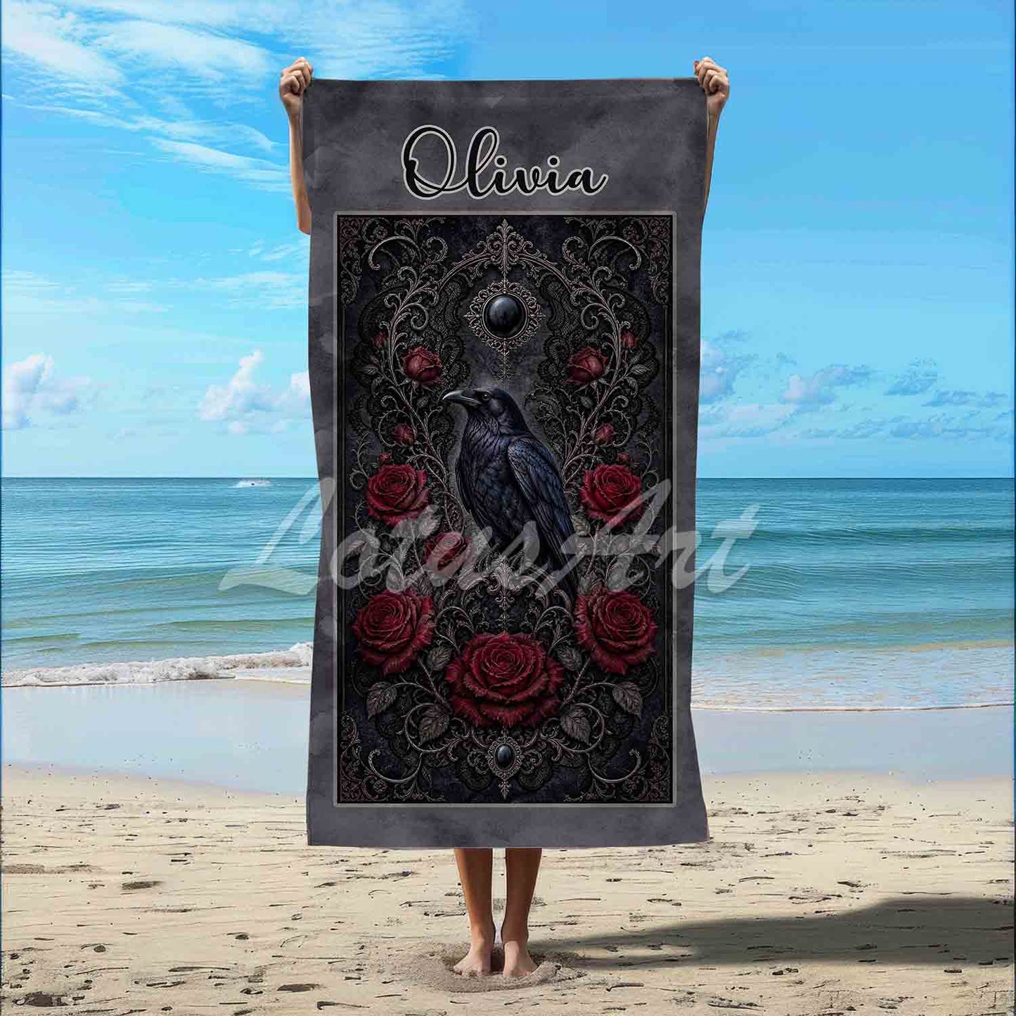 Personalized raven roses womens beach towel, custom name gift, dark red black gothic art print lifestyle beach
