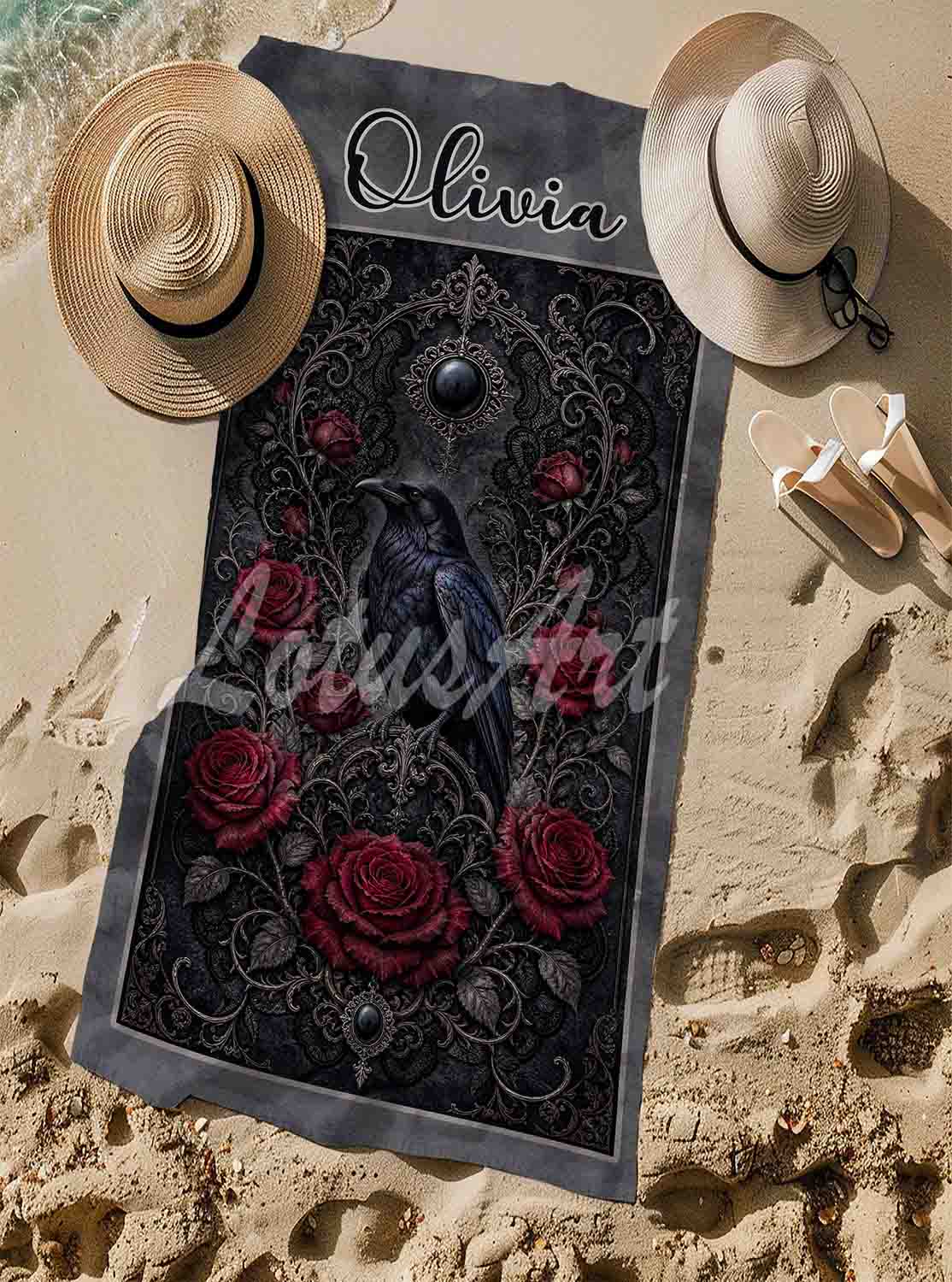 Personalized raven roses womens beach towel, custom name gift, dark red black gothic art print lifestyle sand