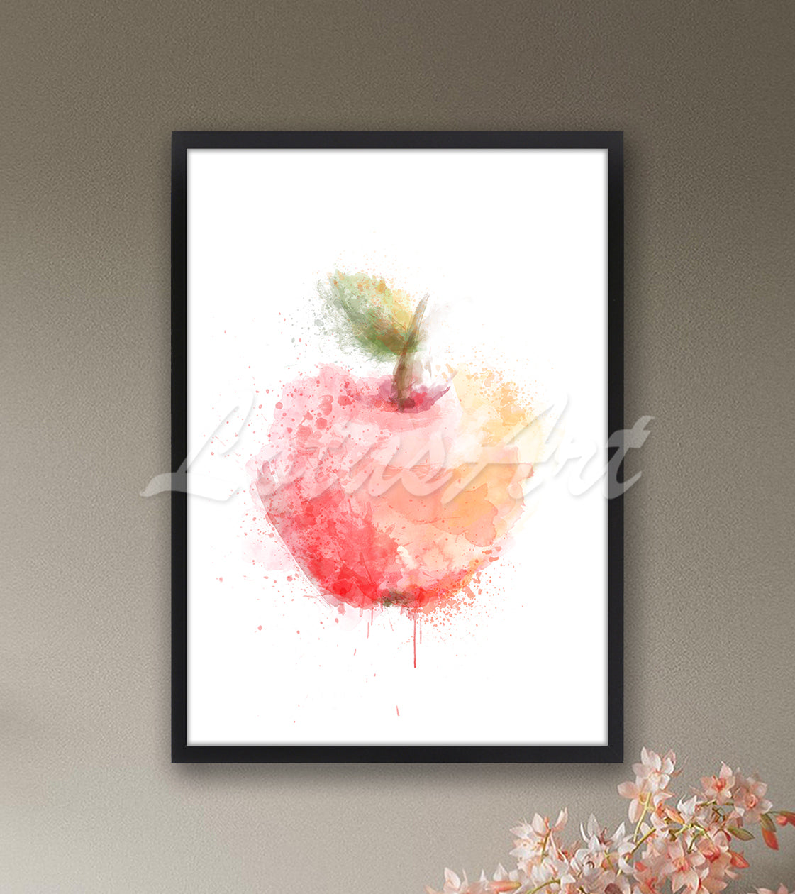 Red apple watercolor print pink coral tones - dining room fruit decor