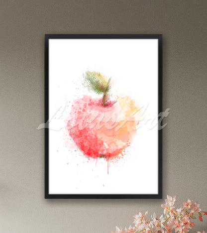 Red apple watercolor print pink coral tones - dining room fruit decor
