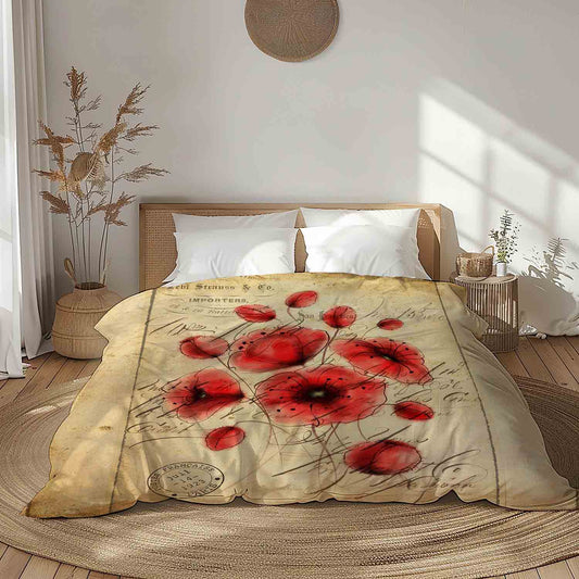 Red poppies comforter vintage style watercolor floral art bedding for bohemian bedroom, twin queen king sizes