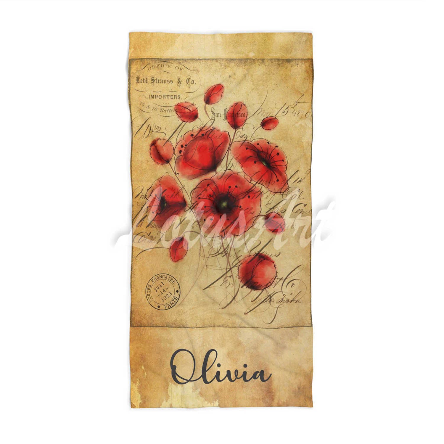 Personalized red poppies watercolor beach towel vintage style custom name, botanical floral art front view