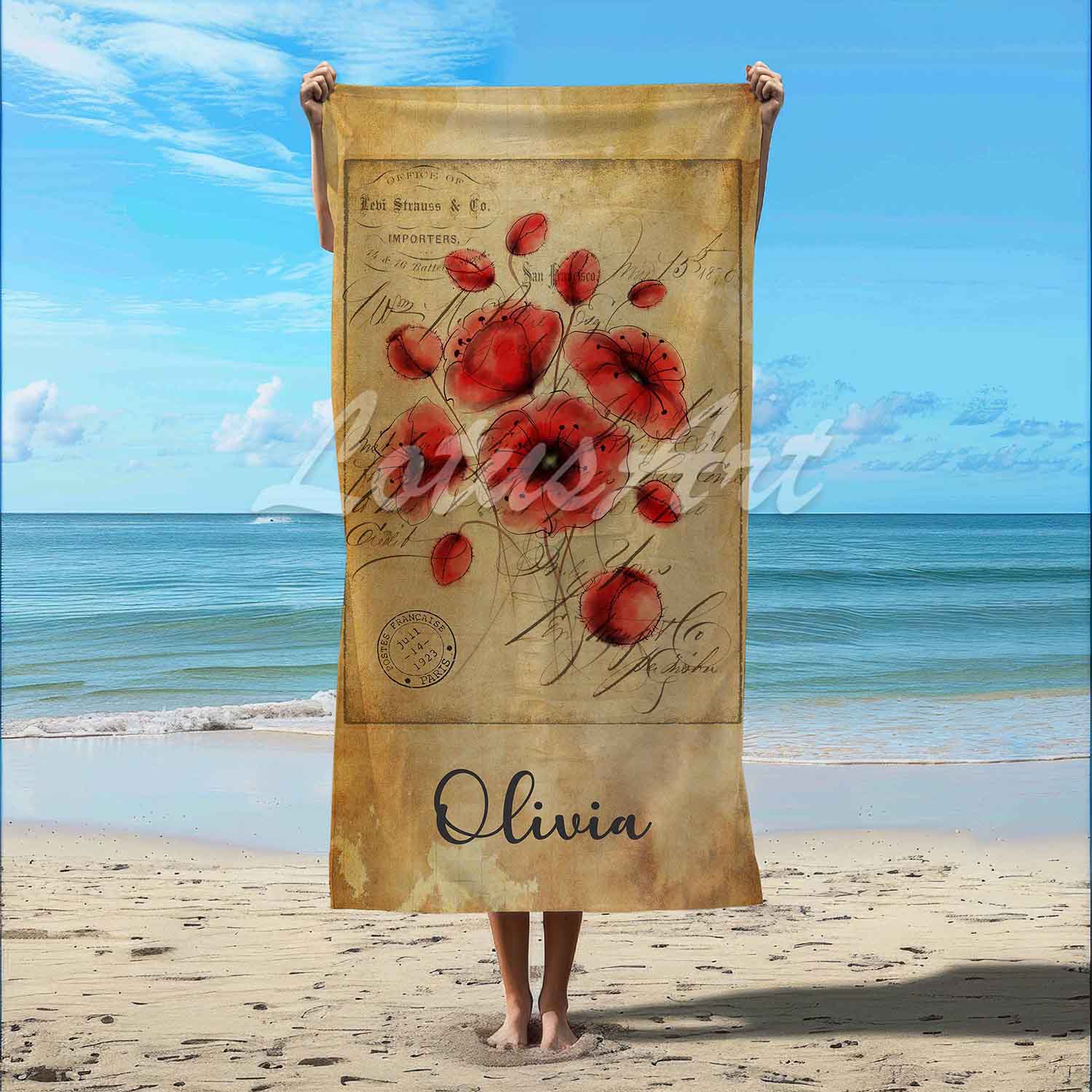Personalized red poppies flowers watercolor beach towel vintage style custom name, botanical art lifestyle beach