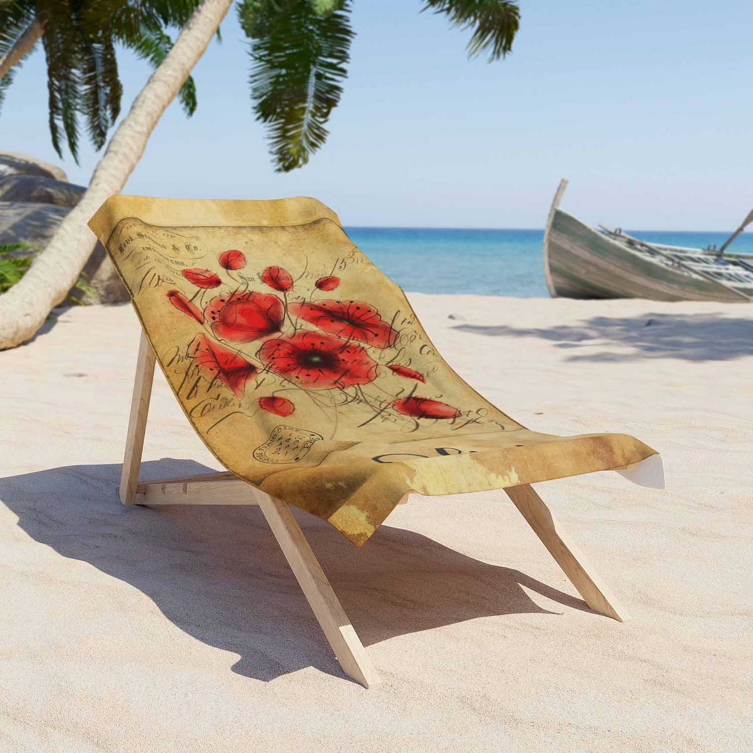 Personalized red poppies watercolor flowers beach towel vintage style custom name, botanical art on a lounger