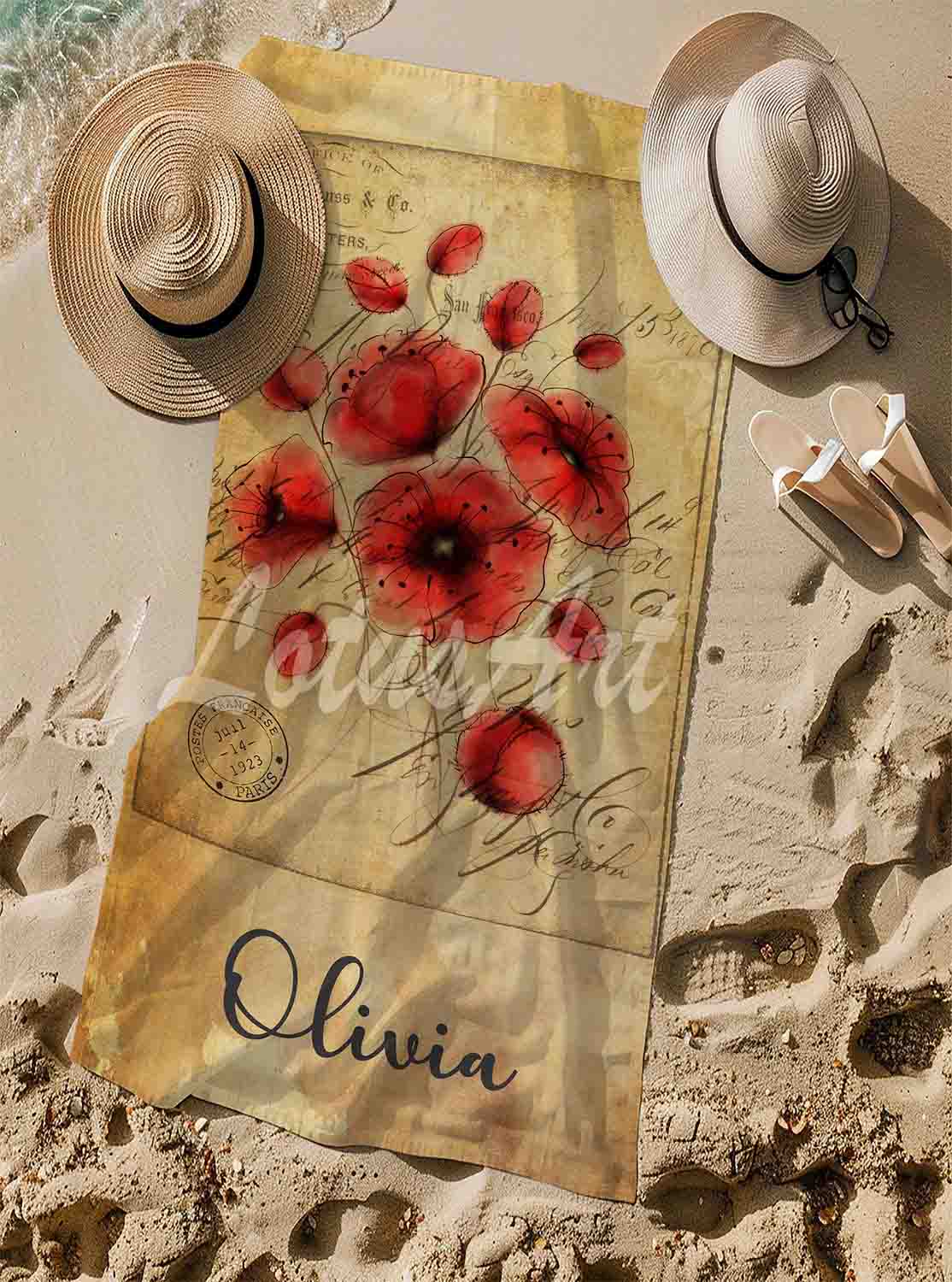 Personalized red poppies watercolor beach towel vintage style custom name, botanical art lifestyle sand