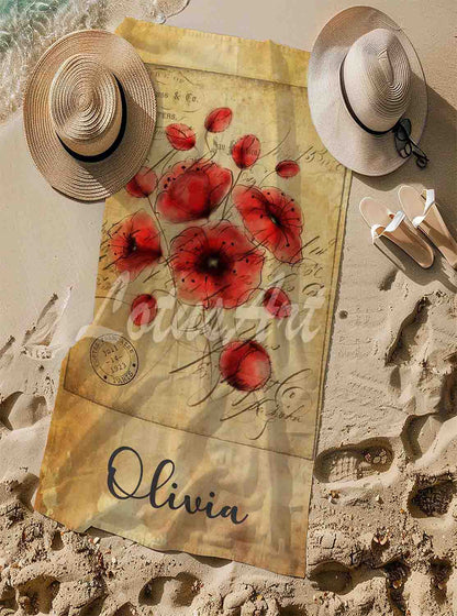 Personalized red poppies watercolor beach towel vintage style custom name, botanical art lifestyle sand