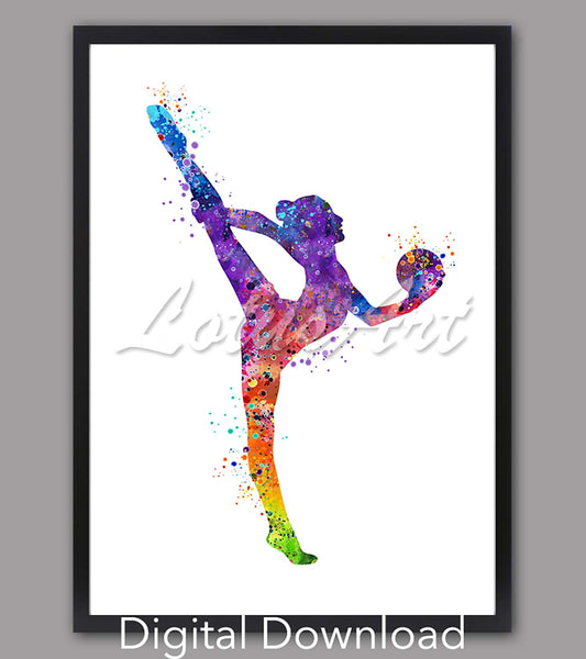 Rhythmic gymnastics ball watercolor print in rainbow tones, instant digital download for girls room decor & sports wall art