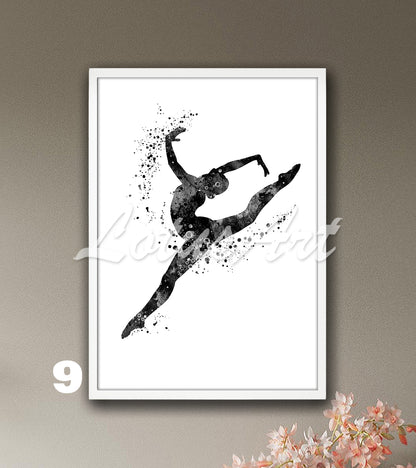 Rhythmic gymnastics watercolor sports art in black tones - minimalist girls decor