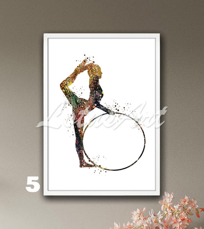 Rhythmic gymnastics hoop watercolor art in brown tones - sports wall decor