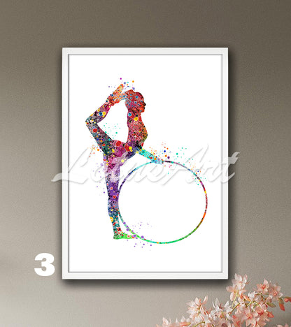 Rhythmic gymnastics watercolor art print - colorful hoop sports decor for girls room