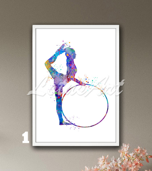 Rhythmic gymnastics hoop watercolor art print - girls room sports wall decor