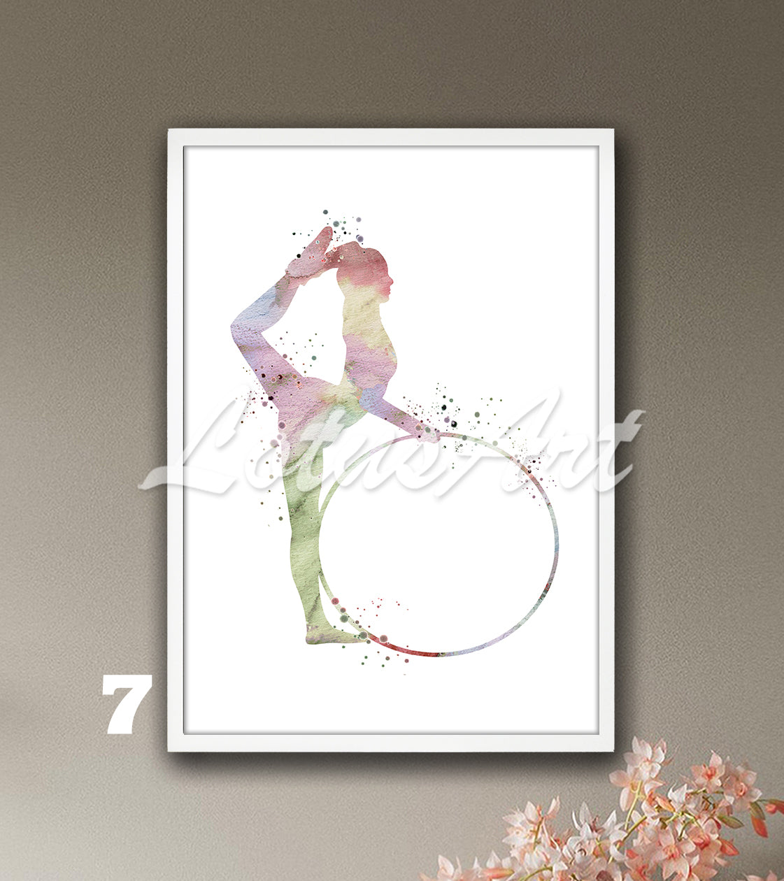 Rainbow rhythmic gymnast with hoop watercolor art - pastel sports wall decor