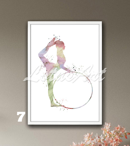 Rainbow rhythmic gymnast with hoop watercolor art - pastel sports wall decor