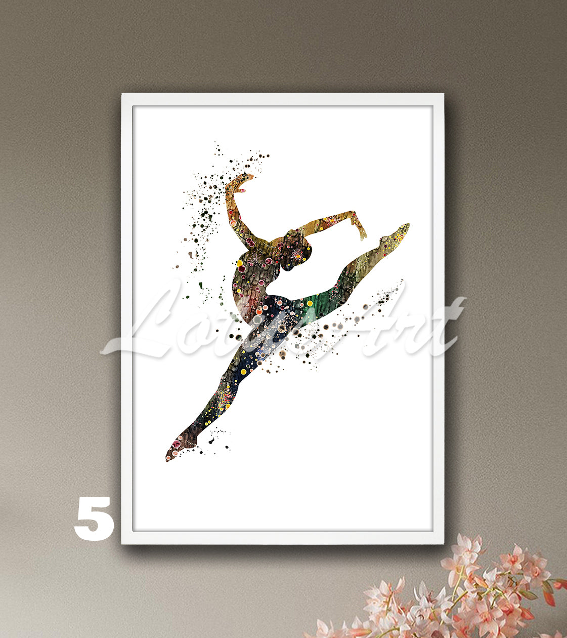 Rhythmic gymnastics watercolor sports art in colorful brown palette - girls wall decor