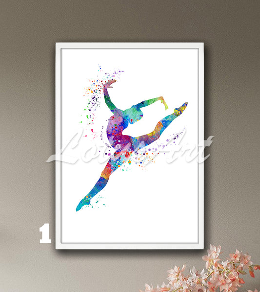 Rhythmic gymnastics watercolor art print in colorful tones - girls sports wall decor