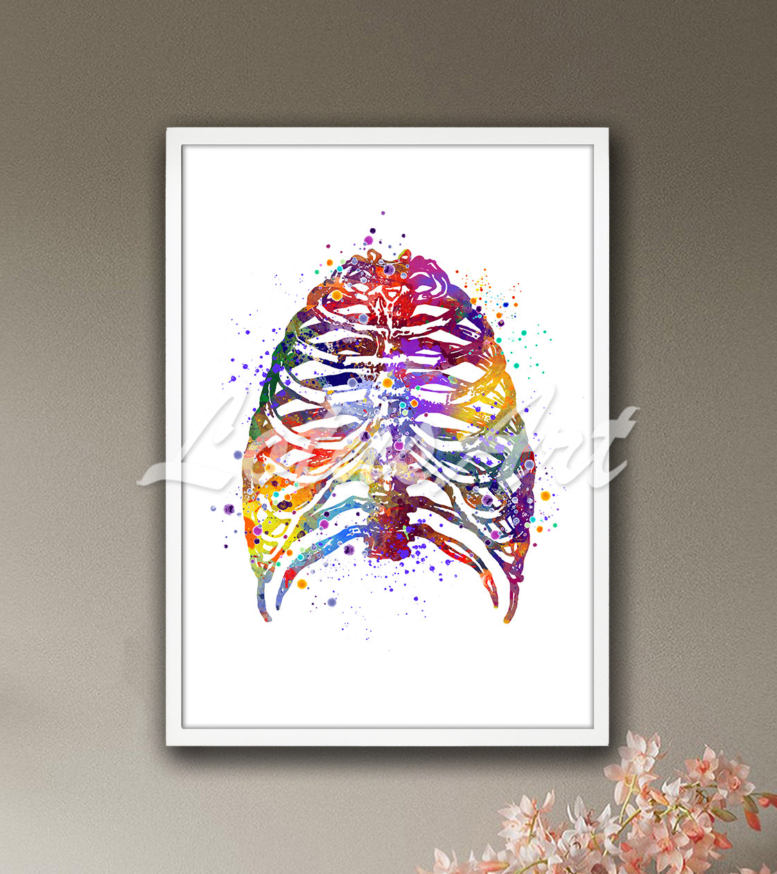 Rib cage anatomy with ribs colorful watercolor art print - surgery clinic painting