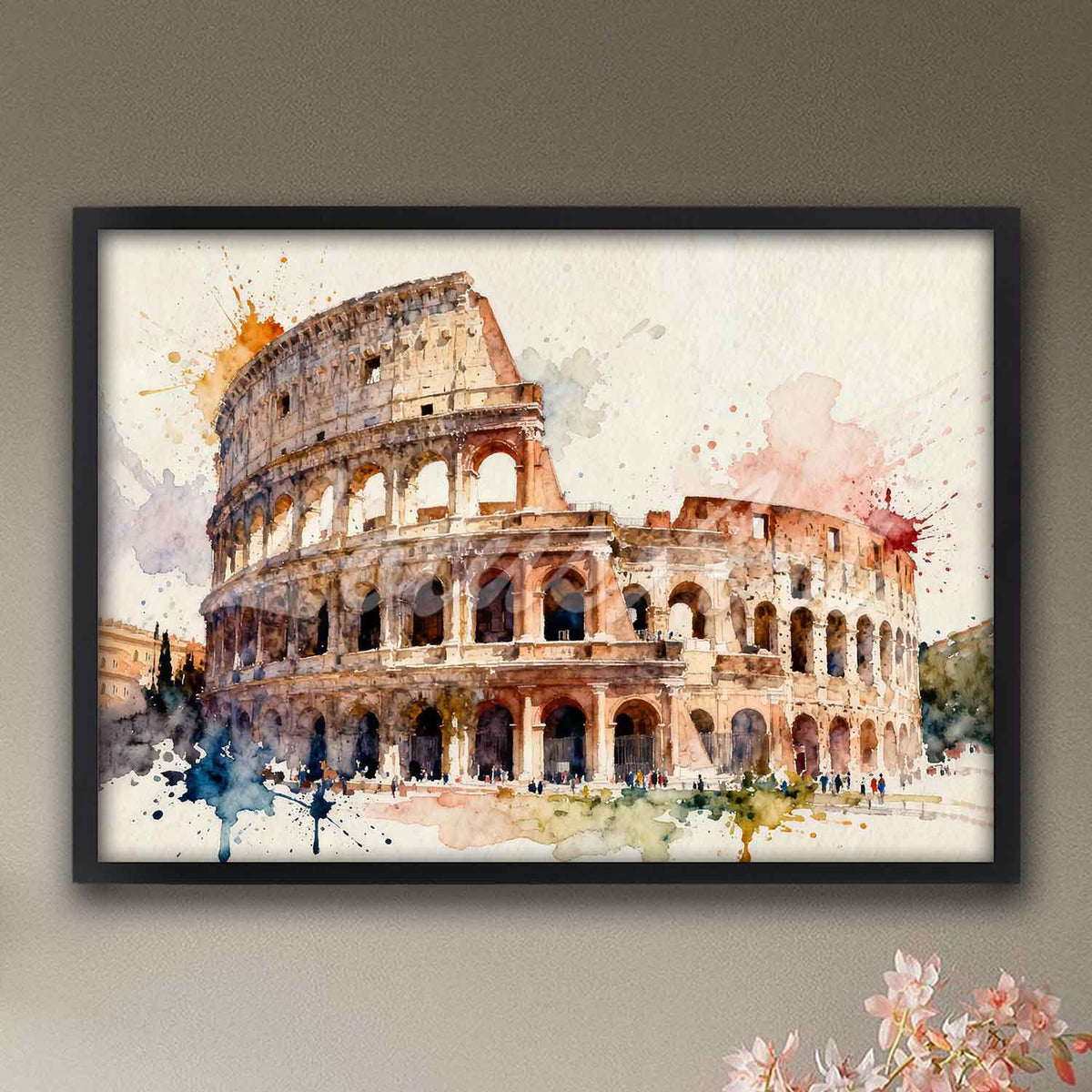 Rome Roman amphitheatre watercolor wall poster in black wooden frame, Colosseum Italy art print & travel gift