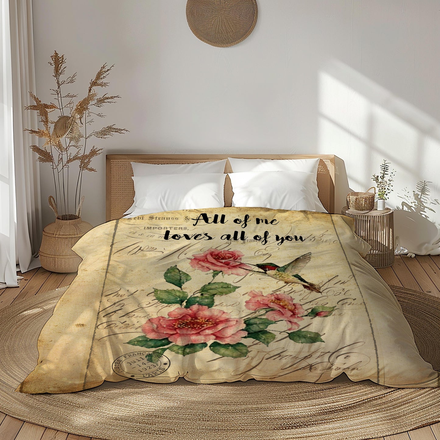 Roses hummingbird vintage style comforter floral bedding - watercolor art on bed in bright room