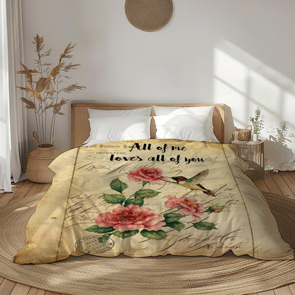 Roses hummingbird vintage style comforter floral bedding - watercolor art on bed in bright room