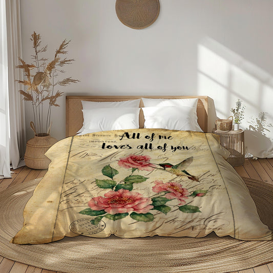 Roses hummingbird vintage style comforter floral bedding - watercolor art on bed in bright room
