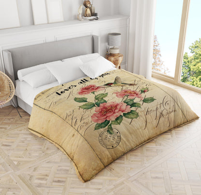 Roses hummingbird vintage style comforter - romantic floral bedding with watercolor art