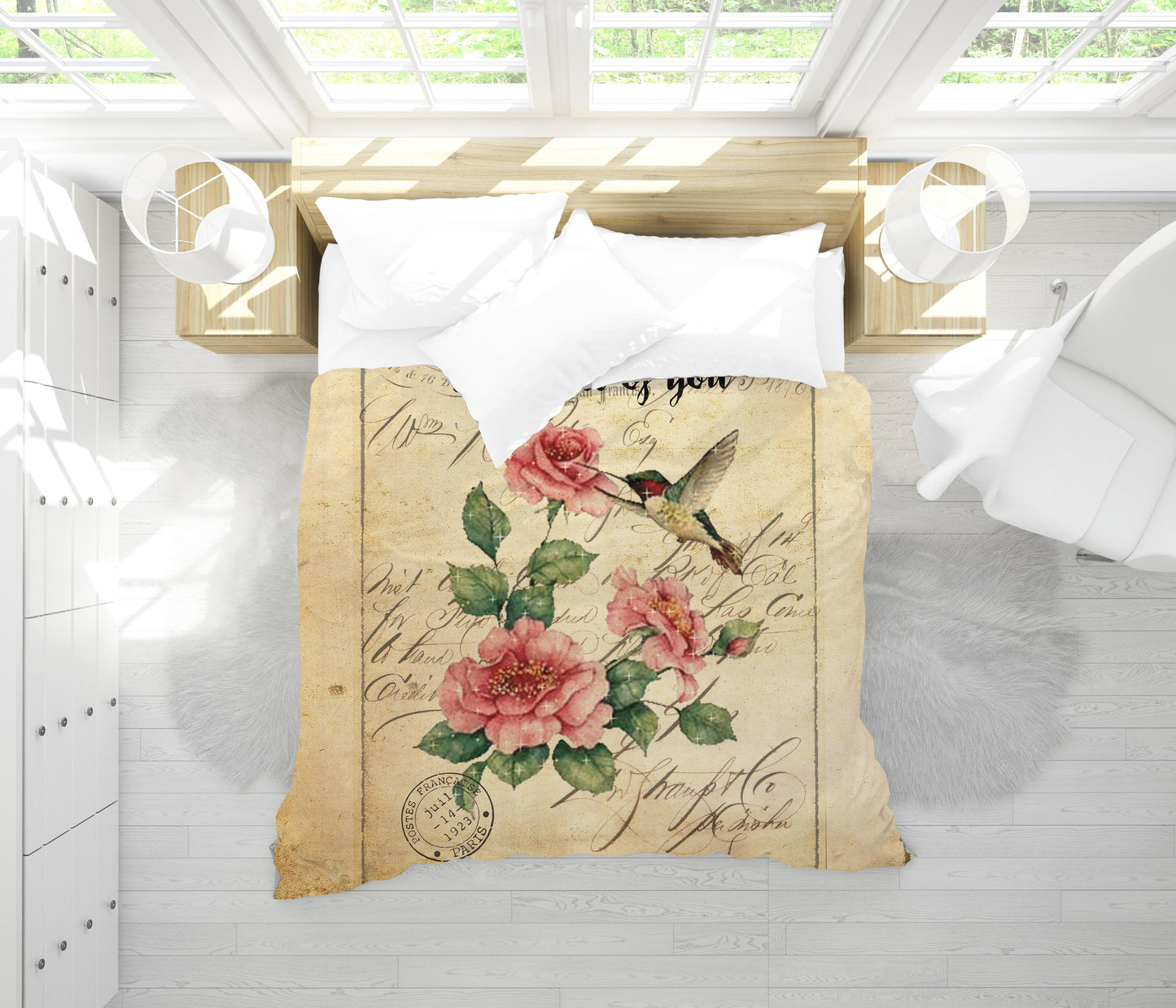 Roses hummingbird watercolor comforter - cottagecore bedroom decor with vintage style floral art