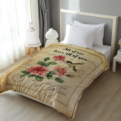 Roses hummingbird watercolor comforter - romantic bedroom decor with vintage style art