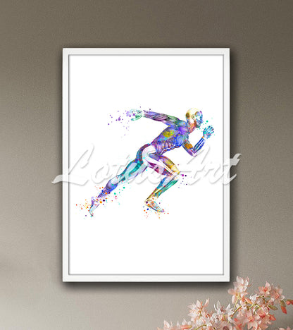 Runner body muscles anatomy in vibrant blue-purple watercolor tones - sports medicine medical wall decor