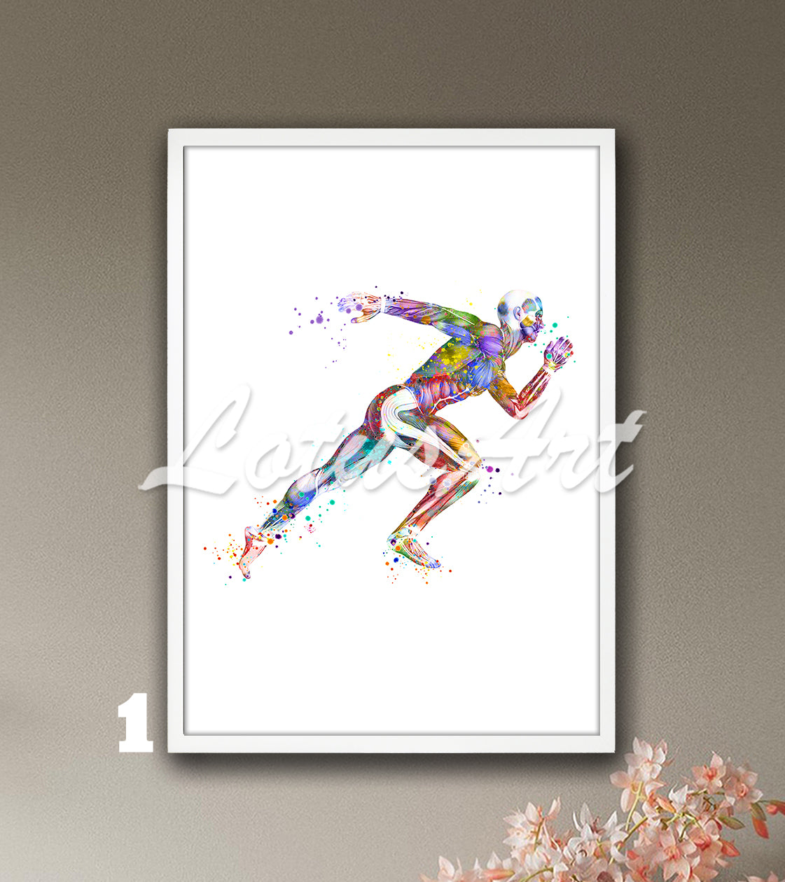 Multicolor body muscles anatomy art print of a runner, sports medical decor, watercolor painting.