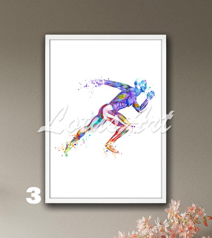 Rainbow runner body muscles anatomy wall art print, print of sports medical watercolor painting.