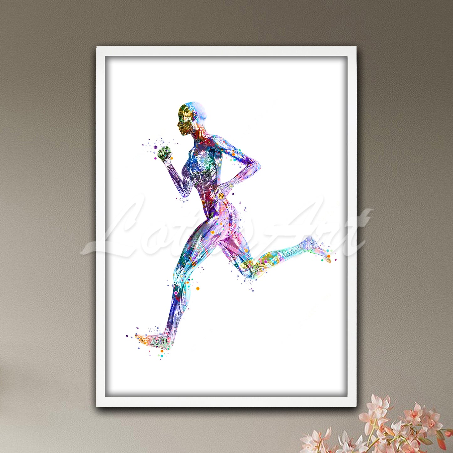 Runner body muscles anatomy print in motion blue-purple watercolor tones - sports rehabilitation artwork