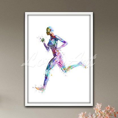 Runner body muscles anatomy print in motion blue-purple watercolor tones - sports rehabilitation artwork