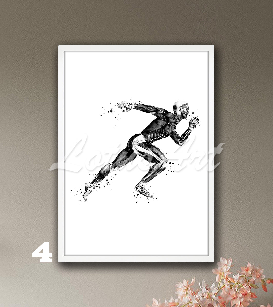 Black-white runner body muscles anatomy wall art painting, print of sports medical watercolor artwork.