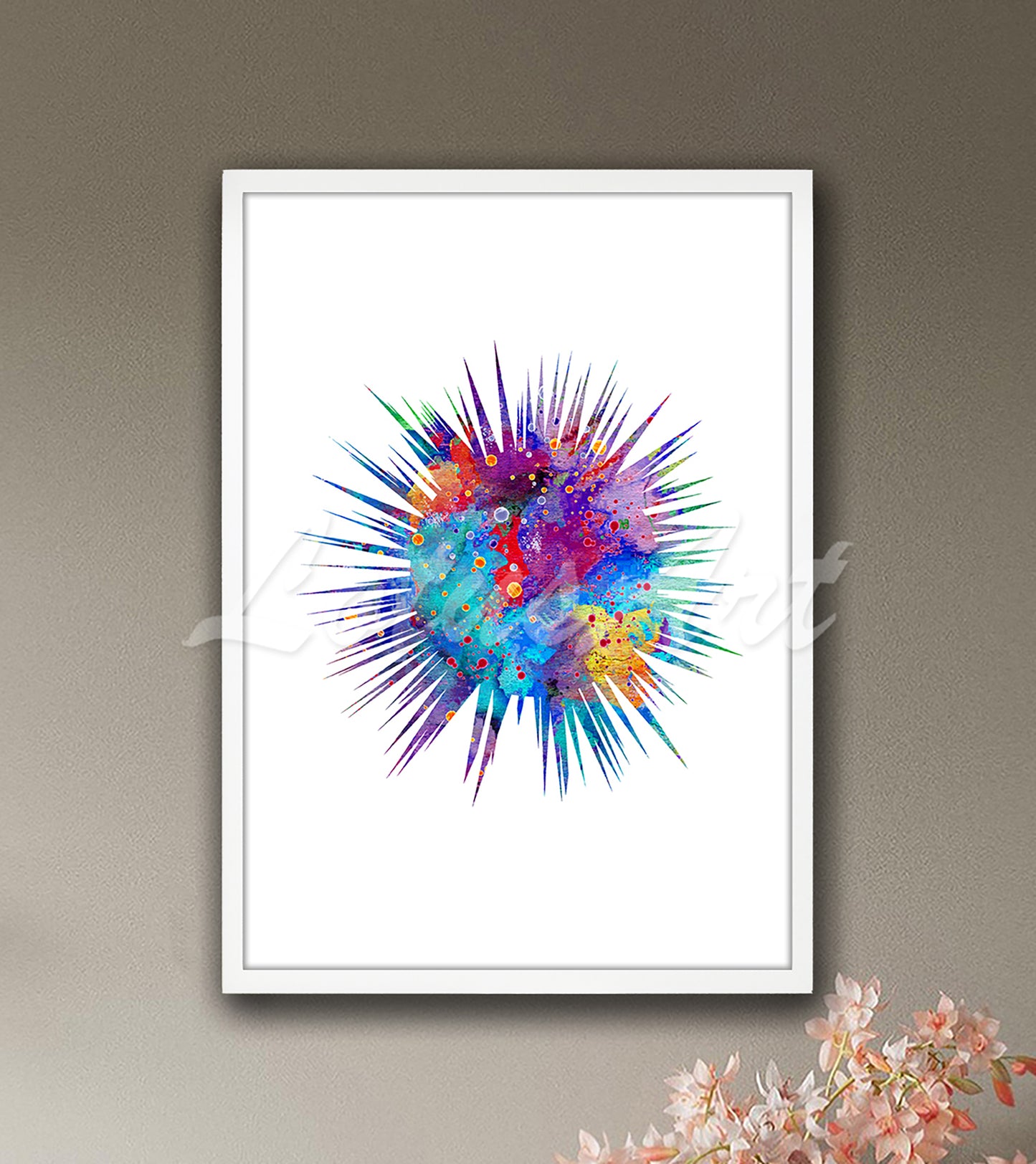 Sea urchin watercolor print with spines purple pink blue tones - coastal bathroom decor