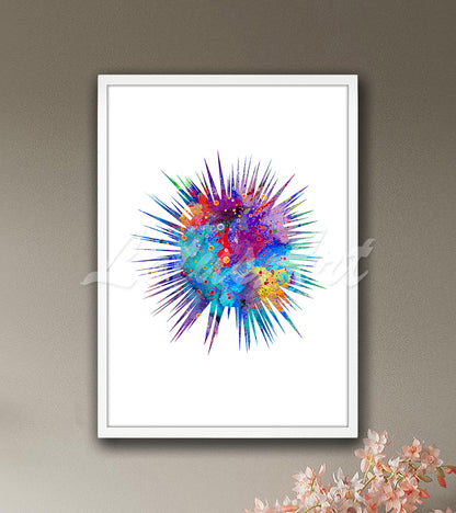 Sea urchin watercolor print with spines purple pink blue tones - coastal bathroom decor