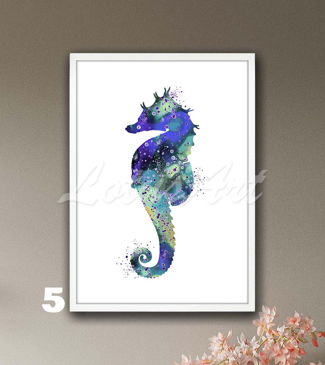 Seahorse watercolor art print for nautical sea animals in blue, purple and teal tones, coastal decor and elegant ocean gift