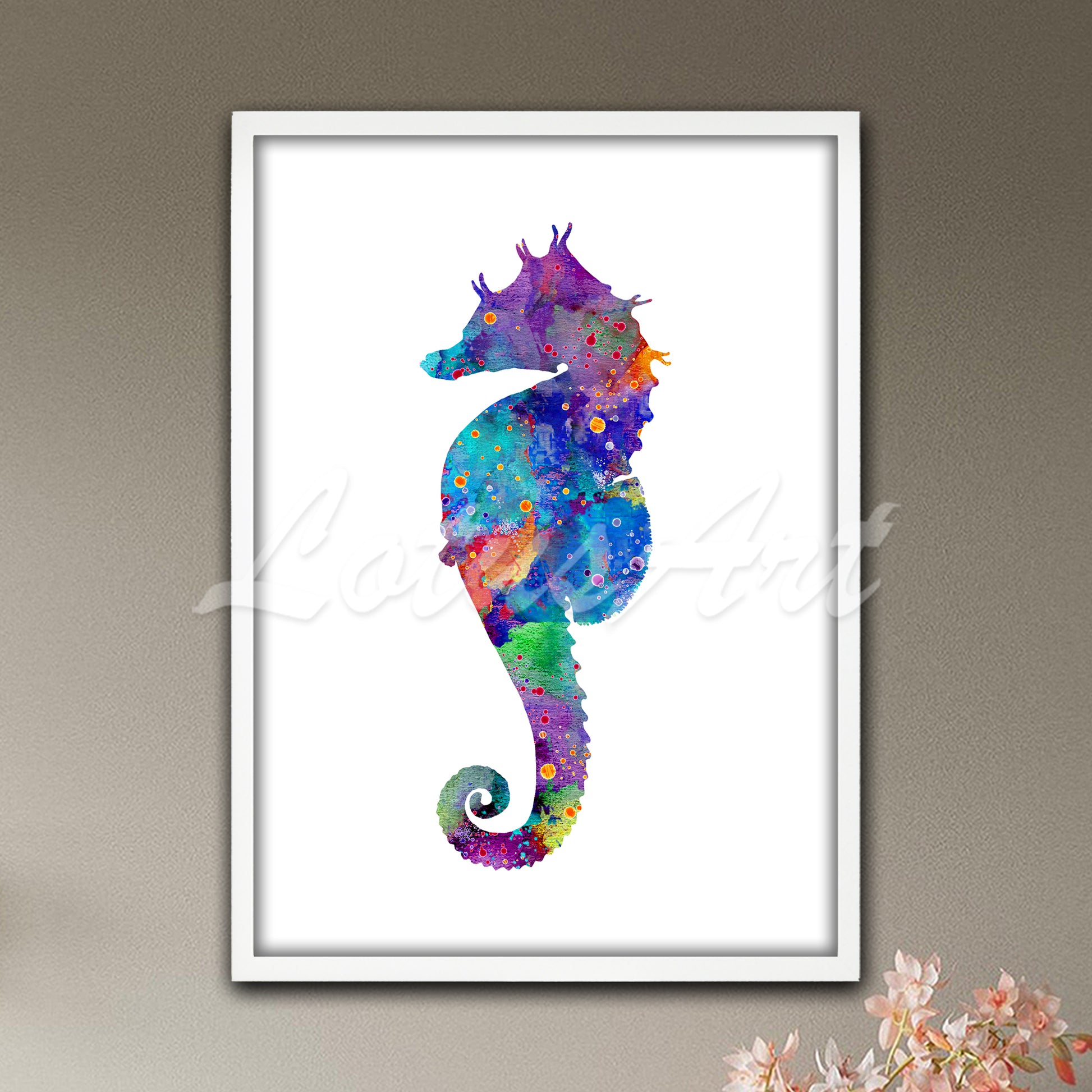 Seahorse watercolor print multicolor blue purple green pink - kids room nautical artwork