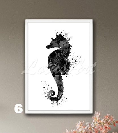 Black-white seahorse watercolor wall art print for nautical sea animals and coastal decor, bold ocean lover gift