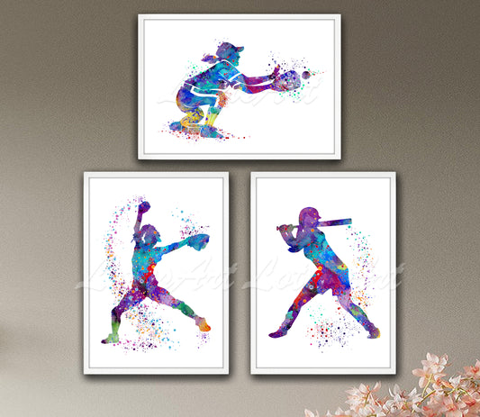Set of 3 baseball softball girls art prints in multicolor watercolor - catcher, pitcher, batter on wall