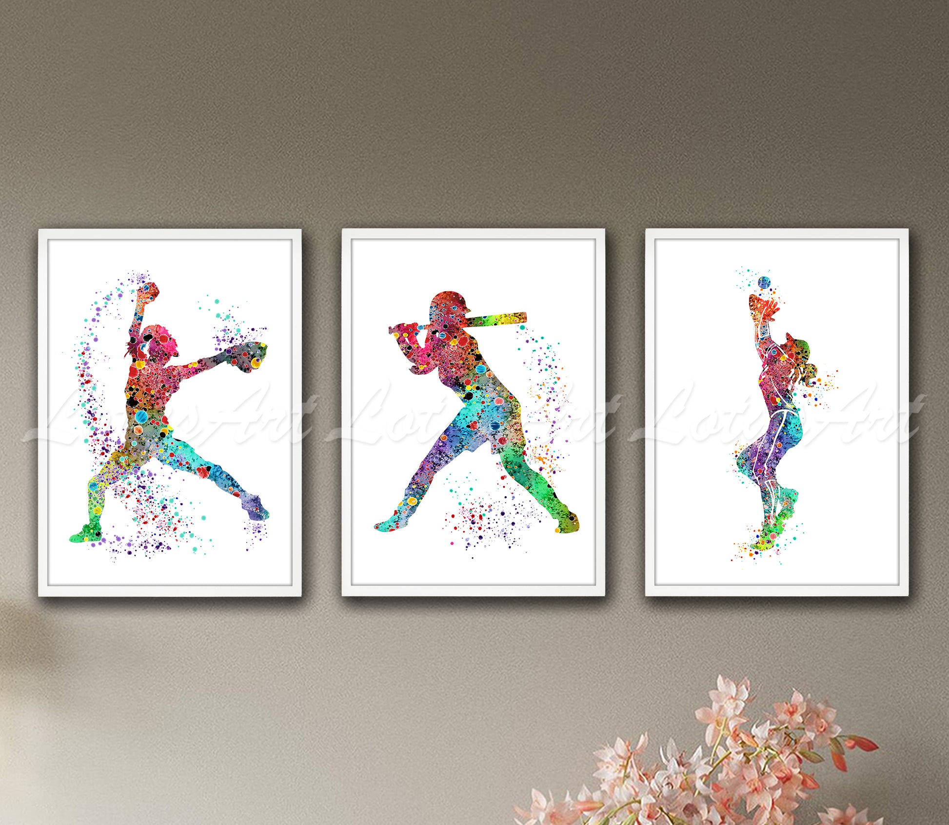 Set of 3 baseball softball girls art prints in multicolor watercolor - batter, pitcher, fielder on wall