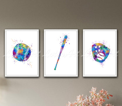 Set of 3 baseball watercolor art prints - ball, bat, glove sports wall decor on wall