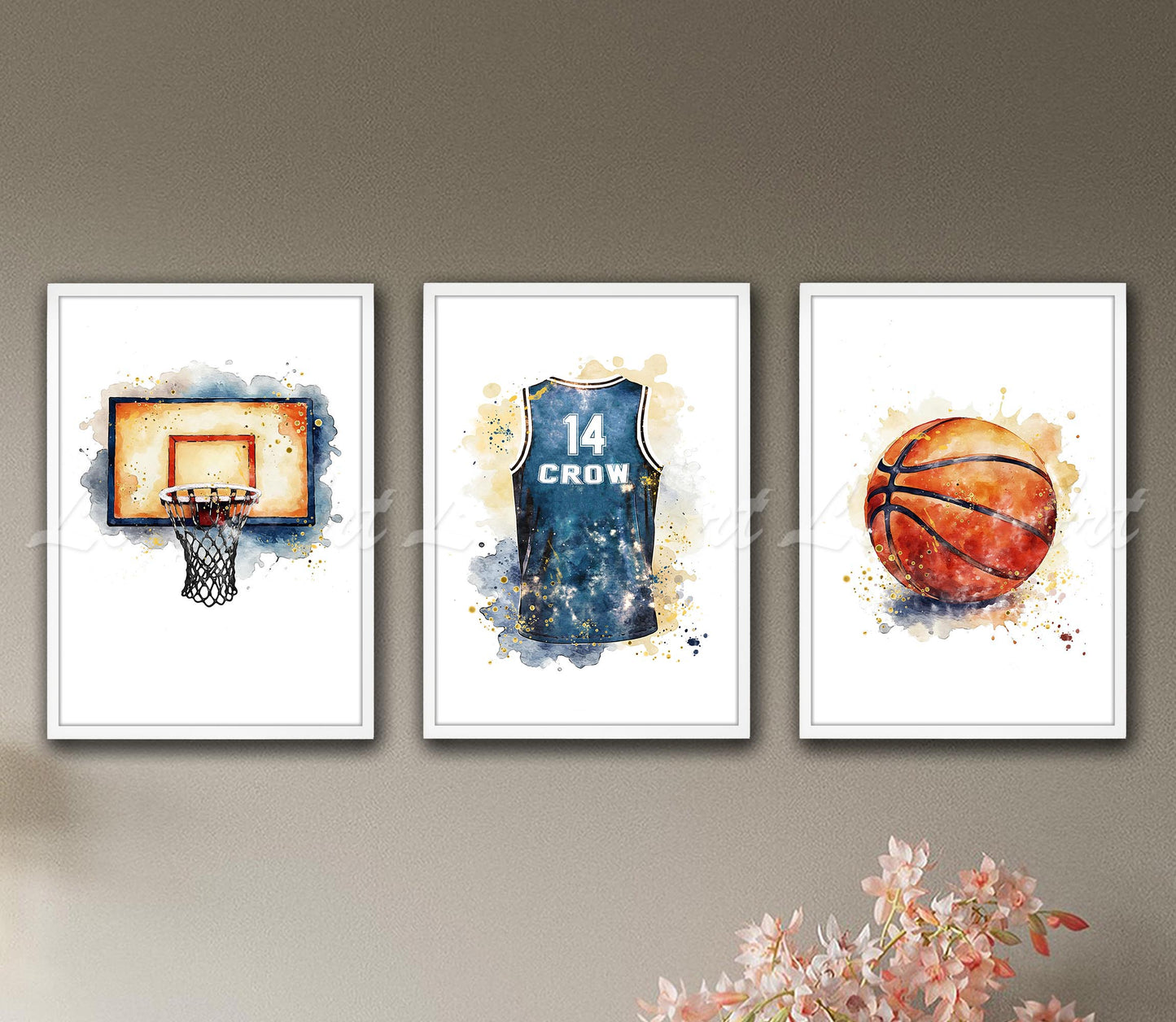 Set of 3 basketball watercolor art prints - hoop, personalized jersey, ball sports decor on wall