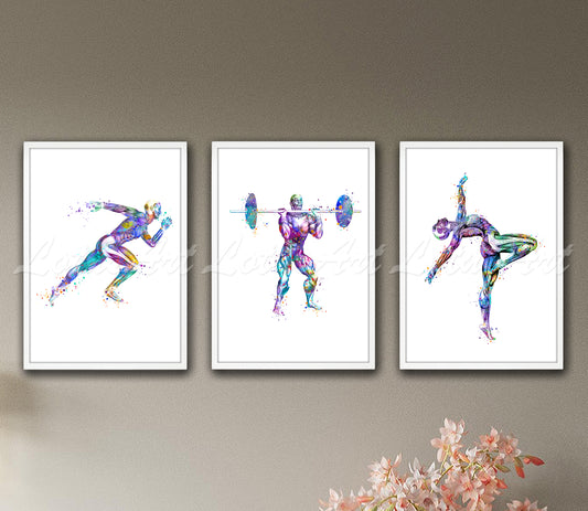 Set of 3 body muscles anatomy sports art prints in multicolor watercolor - runner, weightlifter, gymnast on wall