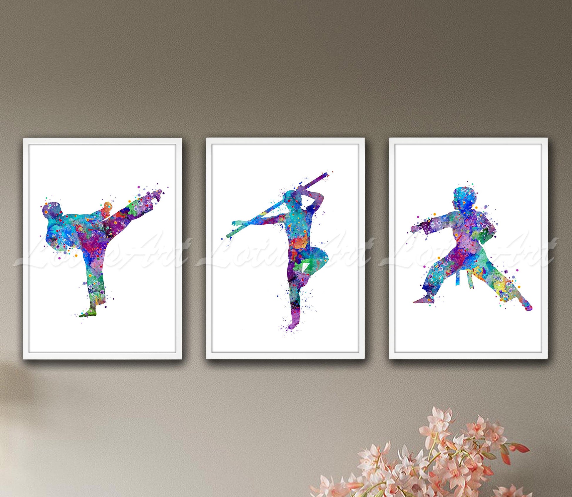 Set of 3 boys karate art prints in multicolor watercolor - side kick, bo staff, stance on wall