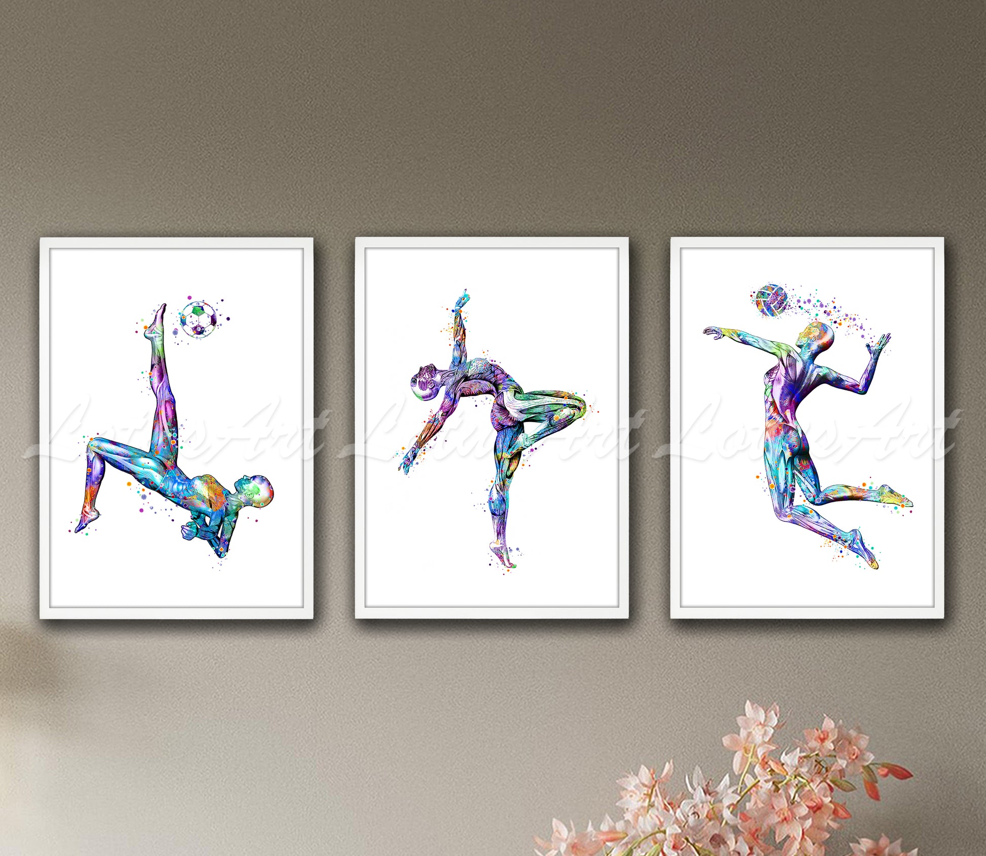 Set of 3 female sports anatomy art prints in multicolor - soccer, gymnastics, volleyball watercolor posters on wall