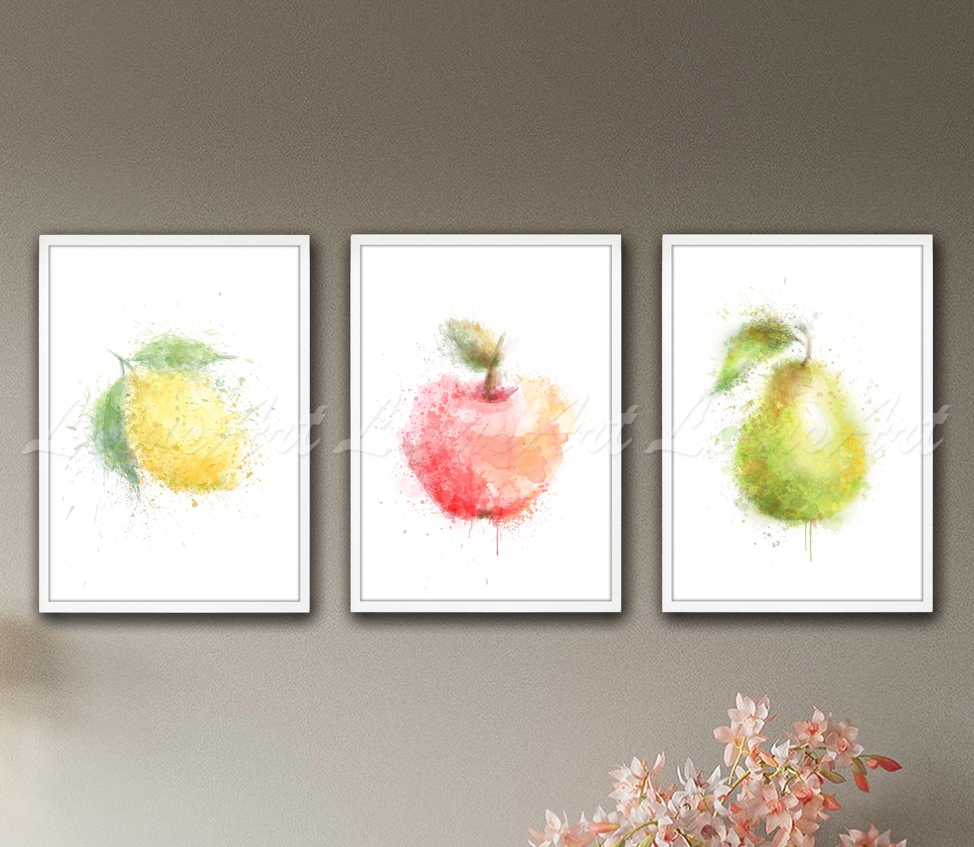 Set of 3 fruit watercolor art prints - lemon, apple, pear kitchen wall decor on wall