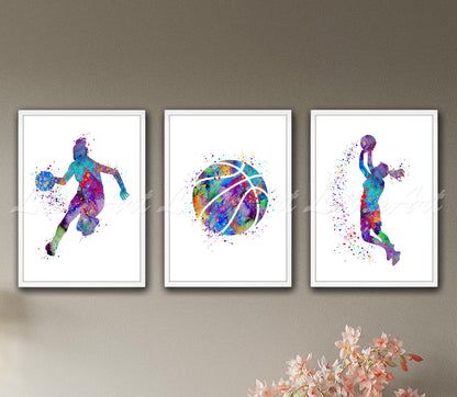 Set of 3 girls basketball art prints in multicolor watercolor - dribbling, ball, shooting on wall