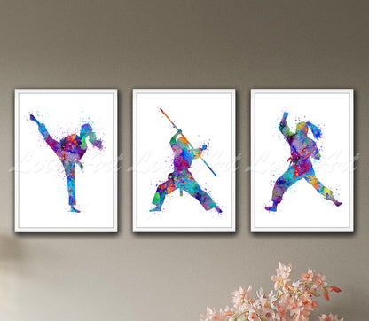 Set of 3 girls karate art prints in multicolor sports watercolor - high kick, bo staff, punch on wall
