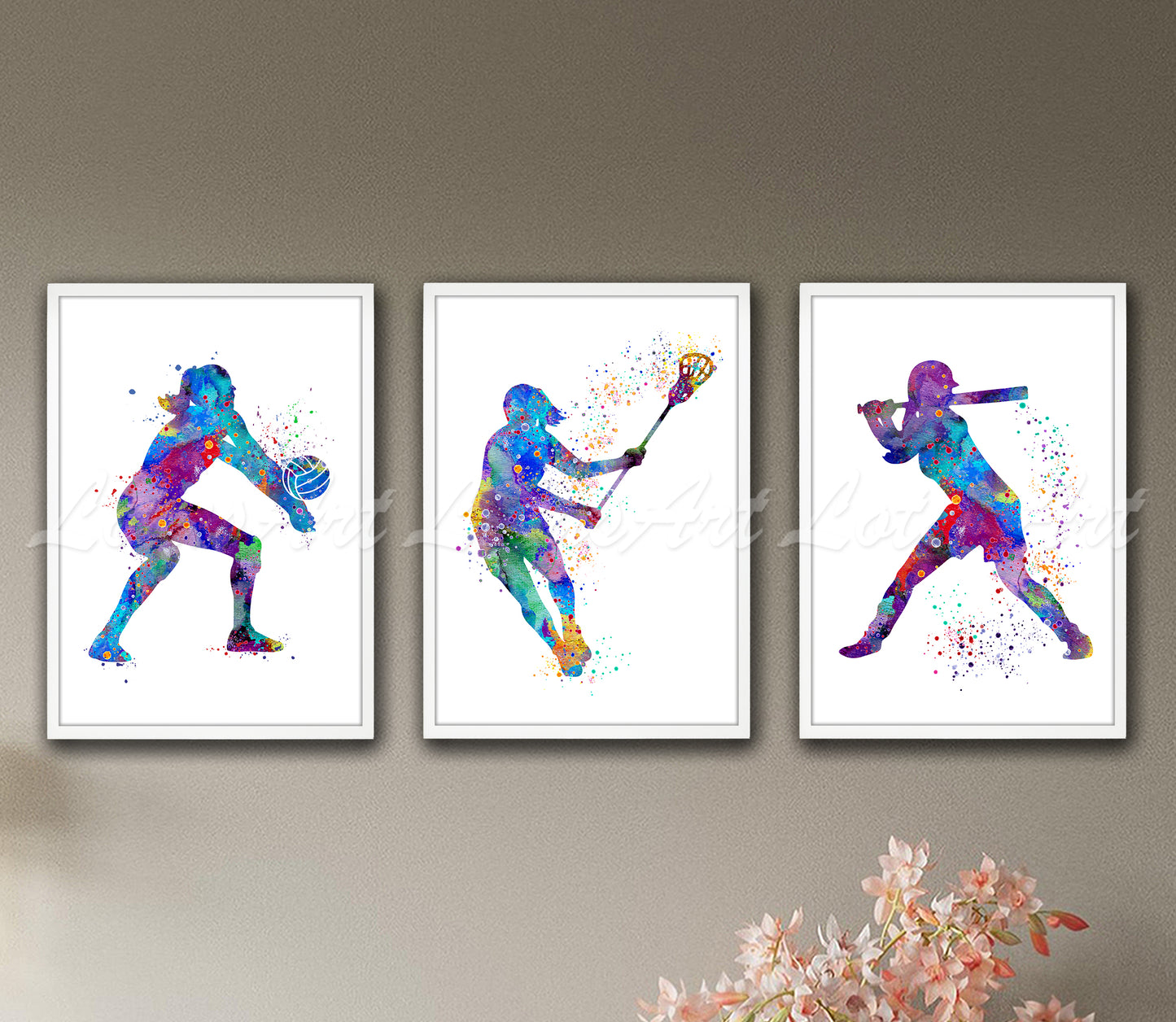 Set of 3 girls sports art prints in multicolor watercolor - volleyball, lacrosse, baseball on wall